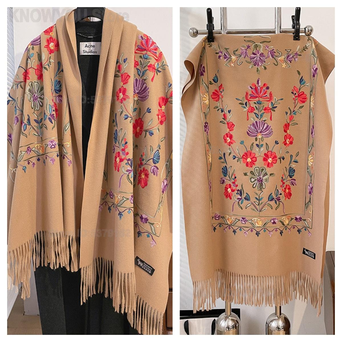 Go Ethnic Fashion - Damen Retro Blumenstickerei Doppelseitiger Imitat-Kaschmir-Schal Dicker