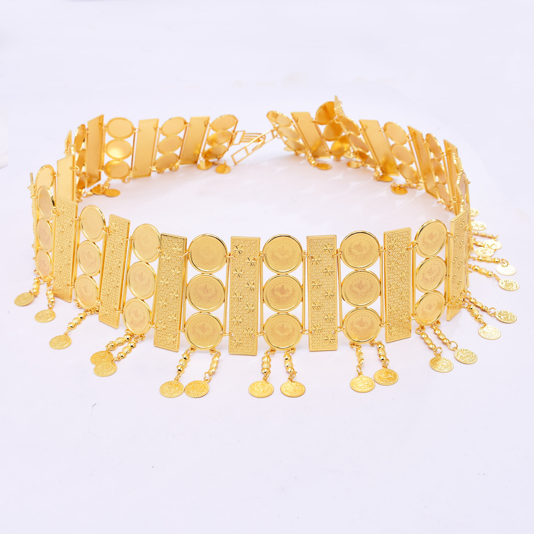 Ethnic Fashion Co In - 3-reihiger breiter Münz-Quastengürtel, Körperschmuck, luxuriös vergoldet,