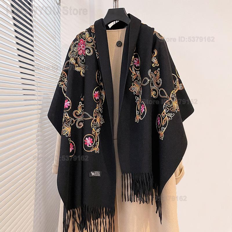 Go Ethnic Fashion - Damen Vintage Ethnische Stickerei Quasten-Pashmina-Schal, Großer