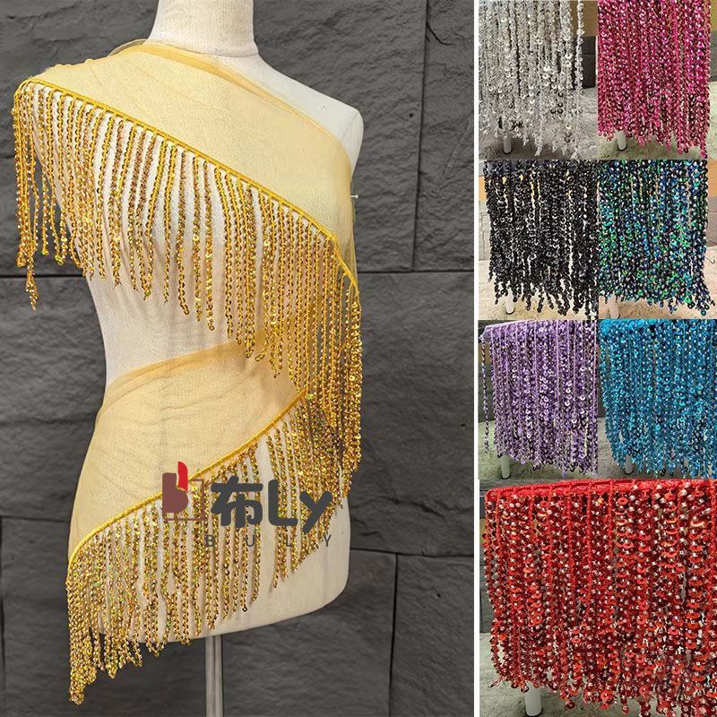 Ethnic Fashion Design - 15cm Perlen-Pailletten-Quastenborte, Ethnische Stickerei-Verzierung für Bühnenkostüme,